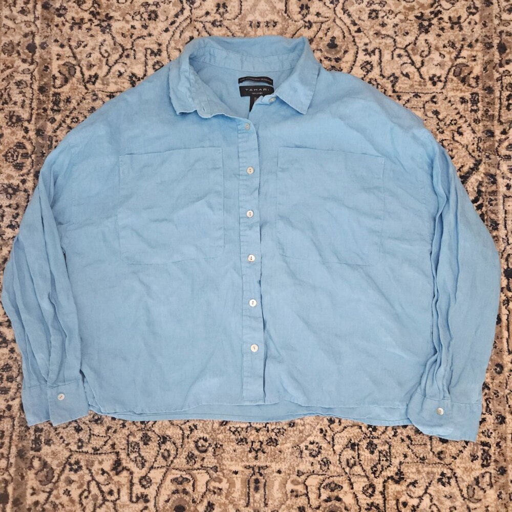 Tahari Linen Button Down Shirt Light Blue Womens L Oversized Boho Summer Beach
